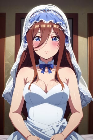 mikunakano, 4k, absurd, high resolution, very high resolution, high definition, masterpiece, long hair, brown hair, blue eyes, hair between the eyes, shiny hair, blush, embarrased, white wedding dress, sheer bridal veil, bridal veil over the head