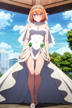 yotsubanakano, 4k, absurd, high resolution, very high resolution, high definition, masterpiece, short hair, orange hair, hair ribbon, green ribbon, blue eyes, hair between the eyes, shiny hair, blush, embarrased, white wedding dress, sheer bridal veil, bridal veil over the head