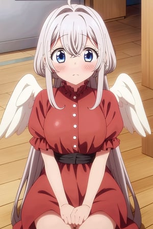 masterpiece, high quality,towa, long hair, blue eyes, white hair, 1girl, solo, blush, wooden floor, hair between eyes, indoors,on floor, very long hair, red dress , big angel wings