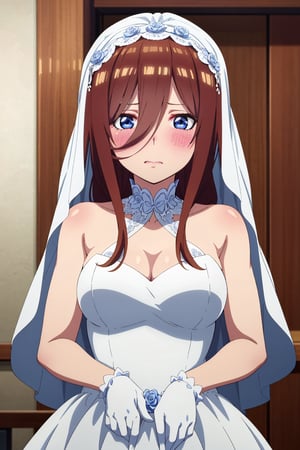 mikunakano, 4k, absurd, high resolution, very high resolution, high definition, masterpiece, long hair, brown hair, blue eyes, hair between the eyes, shiny hair, blush, embarrased, white wedding dress, sheer bridal veil, bridal veil over the head