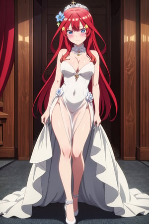 itsukinakano, 4k, absurd, high resolution, very high resolution, high definition, masterpiece, long hair, red hair, hair ornament, star (symbol), star hair ornament, blue eyes, hair between the eyes, shiny hair, blush, embarrased, white wedding dress, sheer bridal veil, bridal veil over the head