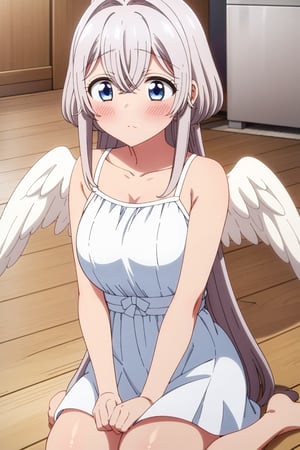 masterpiece, high quality,towa, long hair, blue eyes, white hair, 1girl, solo, blush, wooden floor, hair between eyes, indoors,on floor, collarbone, very long hair, white dress, big angel wings, white wings