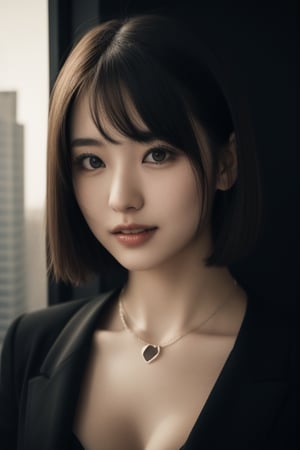 (In 16K,highest quality,masterpiece),(Realistic,RAW Photos,Super Fine Clear,Realistic and dramatic Lighting,wide shot),Detailed skin,((beautiful Japanese 25-years-old woman,))japanese,office lady,,glamor,tall,unkempt bobcut,natural makeup,night,in city,close to viewer,ultra detailed beautiful face and black eyes,neckless,hjghheels,contrapposto,walking,laughing,sexy,posing like a fashion model,high contrast,detailed outlines, 