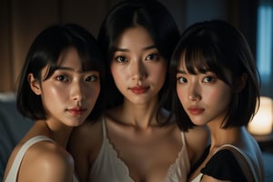 (((masterpiece, Best Quality,ultra-high resolution, Ultra-detailed, finely detail,16K Wallpaper, Perfect dynamic composition))),incredibly detailed face, ((group picture)),(looking at the viewer), ((landom height)),(full shot:1.4), ((attractive japanese 3 mature females:1.2)),(loungewear),dusky room,moody lights effects,bed,(plump),tall and big hooked nose,blushed,bobcut,hair is messy,((incredibly detailed beautiful black and pretty drooping eyes)),stand side by side,((random face type:1.2)),(((random posing))),((Realistic)), ((photo Realistic)),(smile),(upward glance,),