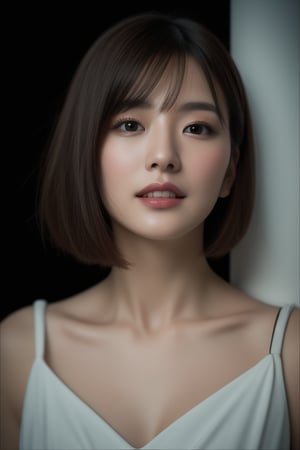 (In 16K,highest quality,masterpiece),(Realistic,RAW Photos,Super Fine Clear,Realistic and dramatic Lighting,wide shot),Detailed skin,((beautiful Japanese 30-years-old woman,))office lady,,glamor,tall,unkempt bobcut,natural makeup,night,in city,close to viewer,ultra detailed beautiful face and black eyes,neckless,hjghheels,contrapposto,walking,laughing,sexy