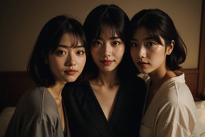 (((masterpiece, Best Quality,ultra-high resolution, Ultra-detailed, finely detail,16K Wallpaper, Perfect dynamic composition))),incredibly detailed face, ((group picture)),(looking at the viewer), ((landom height)),(full shot:1.4), ((attractive japanese 3 mature females:1.2)),(loungewear),dusky room,moody lights effects,bed,(plump),tall and big hooked nose,blushed,bobcut,hair is messy,((incredibly detailed beautiful black and pretty drooping eyes)),stand side by side,((random face type:1.2)),(((random posing))),((Realistic)), ((photo Realistic)),(smile),(upward glance,),