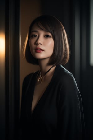 (In 16K,highest quality,masterpiece),(Realistic,RAW Photos,Super Fine Clear,Realistic and dramatic Lighting,wide shot),Detailed skin,((beautiful Japanese 30-years-old woman,))office lady,,glamor,tall,unkempt bobcut,natural makeup,night,in city,close to viewer,ultra detailed beautiful face and black eyes,neckless,hjghheels,contrapposto,walking,laughing,sexy