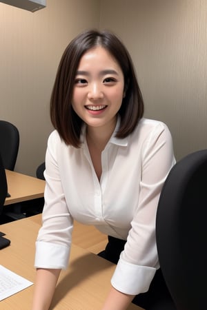 ((masterpiece, Best Quality, Illustration, Ultra-detailed, finely detail, hight resolution, 16K Wallpaper, Perfect dynamic composition)), Japanese cute lady,office worker,wear white shirt,at Business District,natural light effects,(incredibly detailed face,incredibly detailed beautiful and downtuned cut eyes)),unkempt bobcut,tall),((curvy)),laughing,((full body image)),suit,((Realistic)), ((photo Realistic)),score_9,score_8_up,score_7_up,