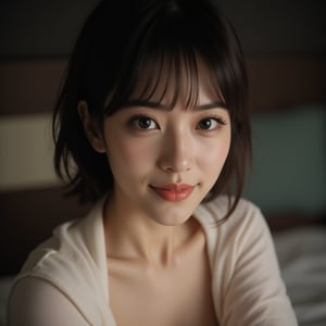 ((masterpiece, Best Quality, Illustration, Ultra-detailed, finely detail, hight resolution, 32K Wallpaper, Perfect dynamic composition)), Japanese cute mature,incredibly detailed face, incredibly detailed beautiful and downtuned cut eyes,(wide and thin lips),bobcut,upward glance, tall  hooked nose,(wide diamond face shape),((Natural looking makeup)),Photographed from slightly above,bed,dusky room,moody lights,hair is messy,loungewear,((selfie)),full body image,a smile,((Realistic)), ((photo Realistic))