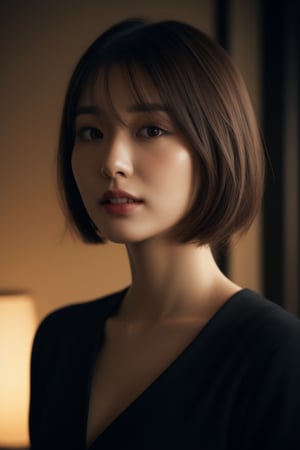 (In 16K,highest quality,masterpiece),(Realistic,RAW Photos,Super Fine Clear,Realistic and dramatic Lighting,wide shot),Detailed skin,((beautiful Japanese 27-years-old woman,))office lady,,glamor,tall,unkempt bobcut,natural makeup,night,in city,close to viewer,ultra detailed beautiful face and black eyes,neckless,hjghheels,contrapposto,walking,laughing,sexy