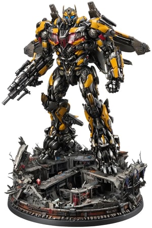 Bumblebee stands firm on a circular base of shattered parts of lockdown's ship remnants, his powerful stance radiating tension. His arms flexed, one hand grasping the iconic blaster while the other holds a blaster, feet planted apart and ready to strike. Glistening mechanical joints betray his coiled strength. Bright blue eyes blaze with determination as he surveys the war-torn landscape. The round base beneath him is a maze of collapsed buildings, ruined streets, and twisted metal, an apocalyptic backdrop for this mighty warrior's unwavering resolve.