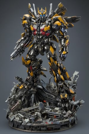 Bumblebee stands firm on a circular base of shattered cityscape remnants, his powerful stance radiating tension. His arms flexed, one hand grasping the iconic energy sword while the other holds a blaster, feet planted apart and ready to strike. Glistening mechanical joints betray his coiled strength. Bright blue eyes blaze with determination as he surveys the war-torn landscape. The round base beneath him is a maze of collapsed buildings, ruined streets, and twisted metal, an apocalyptic backdrop for this mighty warrior's unwavering resolve.