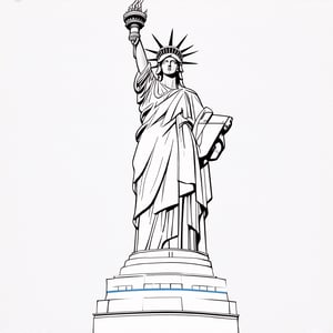 Concept sketch of the Statue of Liberty, detailed line art with a minimalist style, standing tall against a simple background, dynamic lighting emphasizing her iconic torch and crown, composition focusing on her powerful pose, location set in a conceptual, abstract space, subject centered with a strong, bold outline.