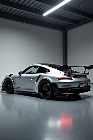  A sleek Porsche GT3 RS is displayed in a modern studio setting. The car's body, in metallic silver with bold black accents, shines under soft studio lights, emphasizing its aerodynamic curves and aggressive stance. The wide rear wing and signature center-lock wheels add to the race-ready look. The background is minimal, with smooth, polished floors reflecting the car's sharp lines, while the studio lighting creates a dramatic contrast between the shadows and highlights, emphasizing the car's athletic silhouette