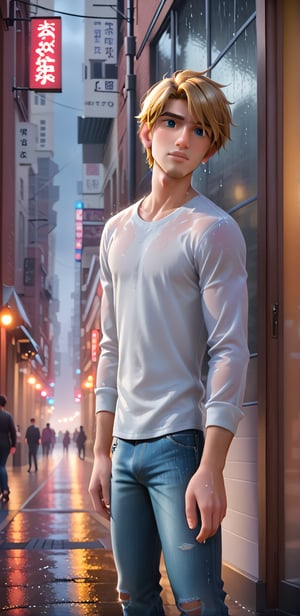 A 22-year-old blonde man, dressed in a white shirt with an open neckline and denim trousers, stands confidently on the rain-soaked streets of New York City during a dramatic sunset. The warm orange hues of the sky contrast with the gray-blue rain clouds, creating a moody atmosphere. His gaze is directed forward. The street's wet pavement glistens, reflecting the vibrant colors of the scene.