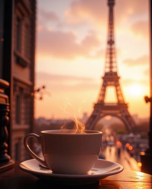 "Create a dreamy, soft-focus shot of the Eiffel Tower at sunrise, with warm golden and pink tones in the sky. Overlay a semi-transparent, vintage-style coffee cup in the foreground, slightly to the side, as if viewed through a window. The coffee cup has light steam rising, adding a cozy, intimate feel to the scene. Add subtle bokeh effects around the Eiffel Tower to enhance the dreamy atmosphere. The style should feel romantic and warm, capturing the essence of a quiet morning in Paris."