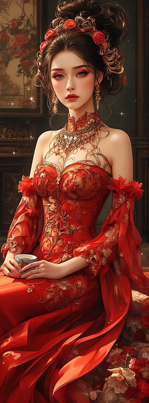 Score_9, score_8_up, score_7_up, a beautiful beauty with ancient oriental charm, wearing a red gold phoenix embroidered wedding dress, with an elegant frontal posture, surrounded by the splendor of a luxurious wedding banquet. With her long legs stretched out on the ground and a cup of tea in her hand, she exuded a calm demeanor. The Tang Dynasty-style headdress and jewelry added to her beauty, while the red open sleeves and thin shoulders highlighted her curves. In the background, the luxurious interiors of the mansion create a lively atmosphere, and the panoramic view transports the viewer into this unforgettable moment. Movie special effects style.,lady & rayograph,,,victorian vision,.retro glam,surreal,sparklesAuguste Renoir ~ Paul Peel ~ John Singer Sargent ~ Alexandre-Jacques Chantron ~ John William Godward ~ John William Waterhouse ~ Han-Wu Shen ~ Ishitaka Amano ~ Chakrapan Posayakrit ~ Kim Jung Gi ~ Kei Mieno ~ Ikushima Hiroshi ~ WLOP ~ William-Adolphe Bouguereau ~ Alphonse Mucha ~Luis Royo ~ Range Murata ~ Jock Sturges photography ~ David Hamillton photography ~ Rustic Sketchbook Style, Sketch Book, Hand Drawn, Dark, Gritty, Realistic Sketch, Rough Sketch, Mix of Bold Dark Lines and Loose Lines, Bold Lines, On Paper, Turnaround Character Sheet, Natural Light, Dynamic, Highly Detailed, Watercolor Painting, Watercolor Paper, Artstation, Concept Art, Smooth and Crisp, Sharp Focus, Illustration, Goth girl 