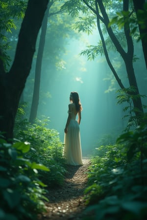 A serene forest scene with dreamy vibes, captured in high-resolution isometric view. The image features a full-body figure standing elegantly amidst lush greenery, bathed in cool, bright tones. The lighting is soft and ethereal, enhancing the detailed skin and intricate forest textures. The composition is balanced, with ultra-sharp focus and pure perfection, showcasing extreme detail and bright colors. This masterpiece is enhanced for high-quality realism, trending on ArtStation.