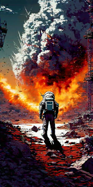 Here’s a prompt for the scene you described:

"Flux Ghibsky Illustration A lone astronaut stands on a barren, apocalyptic landscape, with debris scattered all around. In the distance behind them, a massive explosion has just occurred, sending a shockwave of dust and ash into the smoky, polluted sky. The astronaut’s suit is slightly charred from the blast, but they stand resilient. The sky is a mix of dark clouds and thick smoke, casting an eerie, reddish glow over the entire scene. The ground is cracked, desolate, and the atmosphere is thick with the remnants of destruction, evoking a sense of isolation and survival in this post-apocalyptic world.",dal,Midjourney_Whisper,midjourney,anime