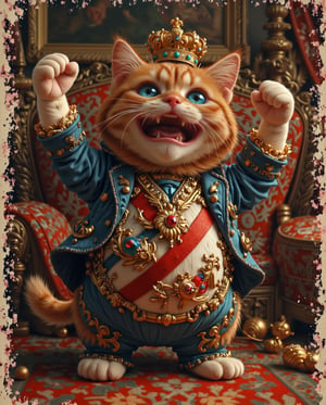 handsome , grumpy, With the crown on,,cute British short haired cat with a belly, the movement of one's arms up, Exaggerated action, 3D character, royal background, a little hairy, elongated shape, cartoon style, minimalism --chaos 12 --ar 2:3 --style raw --stylize 200 --iw 0.3 --v 6.0,American vintage Illustrations 