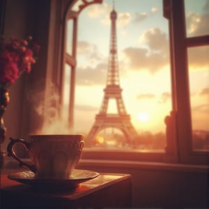 Create a dreamy, soft-focus shot of the Eiffel Tower at sunrise, with warm golden and pink tones in the sky. Overlay a semi-transparent, vintage-style coffee cup in the foreground, slightly to the side, as if viewed through a window. The coffee cup has light steam rising, adding a cozy, intimate feel to the scene. Add subtle bokeh effects around the Eiffel Tower to enhance the dreamy atmosphere. The style should feel romantic and warm, capturing the essence of a quiet morning in Paris