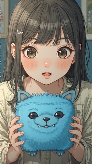 A whimsical scene in Yuko Shimizu's art style, featuring a girl holding a blue cube with fur, eyes, nose, and mouth. The framing is close-up, focusing on her curious expression and the quirky cube. The lighting is soft and playful, highlighting the cube's detailed features and the girl's animated face. The composition is centered on the interaction between the girl and the cube, with her hand gently cradling the furry object. The background is subtly blurred, drawing attention to the girl's imaginative encounter with the unique cube.