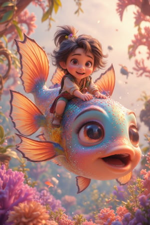 A very small child happily rides on the back of a large rainbow-colored fish, using Chinese-style illustrations, minimalism, ethereal illustrations, light pink and green, simple background, soft colors, light gold color scheme, and drawing characters with colored pencils. The fish is covered with glittering scales and glare, and there are no other characters or elements around it.