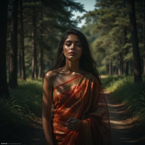 A 15-year-old woman stands as the central figure in an outdoor scene, captured using a Fujifilm cinematic camera. The dramatic lighting creates deep shadows and striking highlights that enhance the richness of her saree and the smooth texture of her skin. The image is shot with a wide aperture, resulting in a shallow depth of field that beautifully blurs the lush forest background, making her the clear focal point. The low camera angle, looking slightly upwards, gives her an empowering and larger-than-life presence. Every detail, from the folds of her saree to the soft glow of her skin, is rendered in high definition. The natural, soft lighting infuses the scene with a dreamlike quality, adding warmth and elegance to the composition.