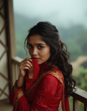  Masterpiece, best quality, Photorealistic, sharp focus, highly detailed, top quality, Ultra-High Resolution, HDR, 8K, epiC35mm, film grain, moody photography, cinematic style, color saturation:-0.4. A mid shot portrait of a Nepali young woman, heartbroken, wearing a traditional red sari with gold embroidery, standing on the balcony of her rural home, 25 years old, long wavy black hair, dark brown eyes, holding a handkerchief to her face, eyes swollen from crying, standing with her back slightly to the camera, gazing out over a misty valley below.