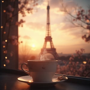 Create a dreamy, soft-focus shot of the Eiffel Tower at sunrise, with warm golden and pink tones in the sky. Overlay a semi-transparent, vintage-style coffee cup in the foreground, slightly to the side, as if viewed through a window. The coffee cup has light steam rising, adding a cozy, intimate feel to the scene. Add subtle bokeh effects around the Eiffel Tower to enhance the dreamy atmosphere. The style should feel romantic and warm, capturing the essence of a quiet morning in Paris