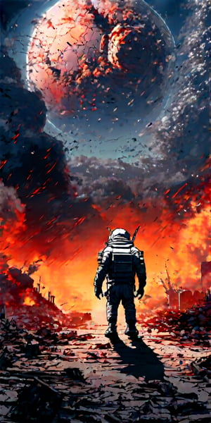 Here’s a prompt for the scene you described:

"Flux Ghibsky Illustration A lone astronaut stands on a barren, apocalyptic landscape, with debris scattered all around. In the distance behind them, a massive explosion has just occurred, sending a shockwave of dust and ash into the smoky, polluted sky. The astronaut’s suit is slightly charred from the blast, but they stand resilient. The sky is a mix of dark clouds and thick smoke, casting an eerie, reddish glow over the entire scene. The ground is cracked, desolate, and the atmosphere is thick with the remnants of destruction, evoking a sense of isolation and survival in this post-apocalyptic world.",dal,Midjourney_Whisper,midjourney,anime,Anime style