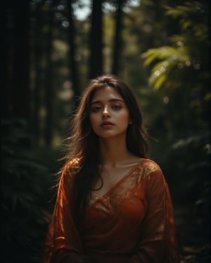 A 15-year-old woman stands as the central figure in an outdoor scene, captured using a Fujifilm cinematic camera. The dramatic lighting creates deep shadows and striking highlights that enhance the richness of her saree and the smooth texture of her skin. The image is shot with a wide aperture, resulting in a shallow depth of field that beautifully blurs the lush forest background, making her the clear focal point. The low camera angle, looking slightly upwards, gives her an empowering and larger-than-life presence. Every detail, from the folds of her saree to the soft glow of her skin, is rendered in high definition. The natural, soft lighting infuses the scene with a dreamlike quality, adding warmth and elegance to the composition.