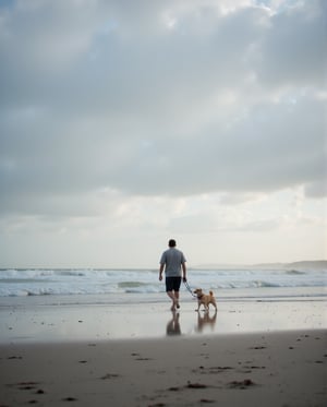  Create a peaceful scene of a 24-year-old man walking along a beach with a cute dog by his side. The atmosphere is calm, with a cloudy morning sky casting soft, muted light across the ocean waves and the sandy shore. Capture the serene mood with the man and his dog enjoying the quiet moment, the clouds thick but not threatening, and the soft breeze creating a sense of early morning tranquility