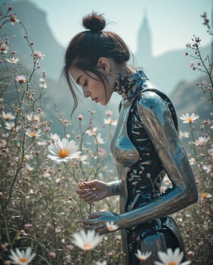  teenage, ((masterpiece)), ((best quality)), (((photo Realistic))), A mesmerizing ultra-high-definition image of a stunning cyborg young woman in a dreamlike, futuristic world. She gracefully bends down to pick the last remaining white flower amidst the ruins of a post-apocalyptic landscape. The cyborg's sleek, metallic body contrasts beautifully with the vibrant, ethereal flower, symbolizing hope in a desolate environment. The masterful use of light and shadows creates a mesmerizing atmosphere, while the impeccable composition and realistic representation make this a stunning movie still.,cyborg,glitter,xxmix_girl