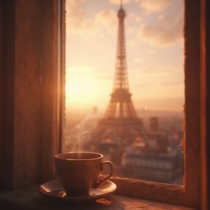 Create a dreamy, soft-focus shot of the Eiffel Tower at sunrise, with warm golden and pink tones in the sky. Overlay a semi-transparent, vintage-style coffee cup in the foreground, slightly to the side, as if viewed through a window. The coffee cup has light steam rising, adding a cozy, intimate feel to the scene. Add subtle bokeh effects around the Eiffel Tower to enhance the dreamy atmosphere. The style should feel romantic and warm, capturing the essence of a quiet morning in Paris