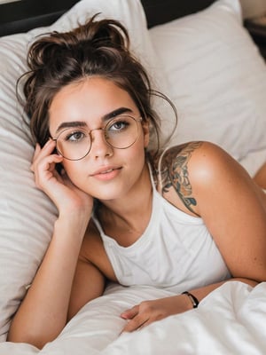 21 yo instagram influencer, lying in a bed, brunette, (wire rim glasses:1.4), capture this image with a high resolution photograph using an 85mm lens for a flattering perspective