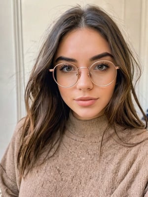 21 yo instagram influencer, brunette, (wire rim glasses:1.4), capture this image with a high resolution photograph using an 85mm lens for a flattering perspective
