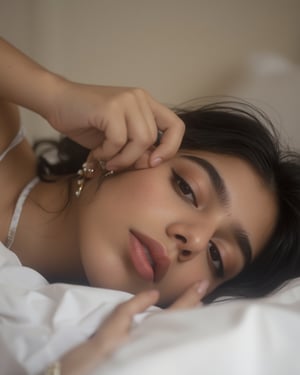 21 yo Indian instagram influencer, lying in a bed, brunette, capture this image with a high resolution photograph using an 85mm lens for a flattering perspective,Sahana15 