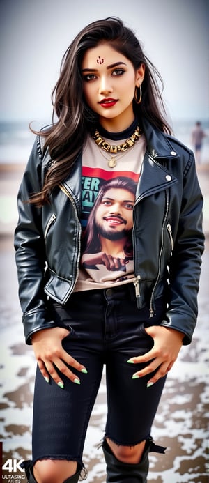 A 16-year-old Indian girl with fair complexion and smooth skin. Her long black hair is styled in soft waves. She has sharp features, large expressive brown eyes and a sweet smile. And a sweet smile. This time, her outfit is bold and edgy, such as a leather jacket over a graphic tee, paired with ripped black jeans and ankle boots. She wears statement accessories, such as a chunky necklace and hoop earrings, which add a fearless vibe to her look. Daylight and ocean waves touching her feet. Image should be enhanced to 4K Ultra HD
