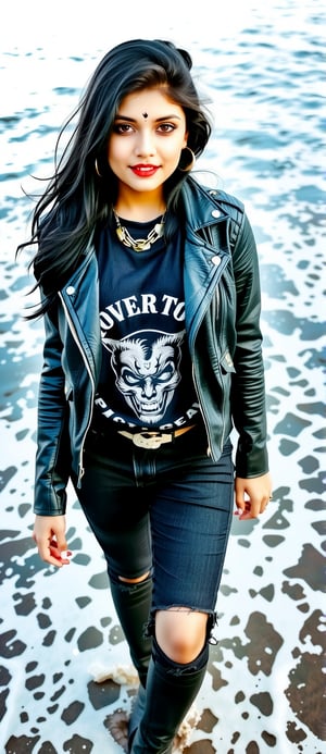 A 16-year-old Indian girl with fair complexion and smooth skin. Her long black hair is styled in soft waves. She has sharp features, large expressive brown eyes and a sweet smile. And a sweet smile. This time, her outfit is bold and edgy, such as a leather jacket over a graphic tee, paired with ripped black jeans and ankle boots. She wears statement accessories, such as a chunky necklace and hoop earrings, which add a fearless vibe to her look. Daylight and ocean waves touching her feet. Image should be enhanced to 4K Ultra HD
