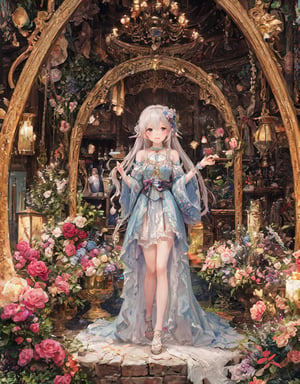 Prompt: Title: "Enchanted Whispers"In a mesmerizing visual masterpiece that exudes the finest quality, a single figure captivates the viewer with a gentle smile and a face of exquisite beauty, portrayed with meticulous attention to detail. The girl, with her silver hair styled in a delicate braid adorned with a ribbon, embodies a sense of ethereal charm in the style reminiscent of William Morris and the intricate illustrations by WOLP.Her captivating gaze meets the viewer's eyes with a sense of depth, drawing them into the enchanting world of art nouveau and ultra-detailed craftsmanship. The scene is bathed in cinematic lighting, accentuating the floral prints and delicate lace curtains that adorn the background, creating a dreamy atmosphere reminiscent of a watercolor painting with soft blending and organic shapes.Surrounded by a mini flower garden and a room filled with kawaii elements, from macarons to heart items and ribbons, the girl stands as a vision of elegance amidst the whimsical chaos. The room, a blend of pink gothic and pastel colors, exudes a sense of fairy tale charm with its miscellaneous goods and antimacassar draped over the dresser.In contrast to the girl, a lone elf boy with silver hair stands in a full-body shot, adding a touch of mystery and fantasy to the composition. The dollcastle in the background is adorned with stars, flowers, and gems, creating a cute and sweet illustration that evokes a sense of nostalgia and wonder.The room is filled with light blue and pink roses, macarons, and a variety of kawaii elements that enhance the whimsical atmosphere. The dollhouse features charming details like stars, hearts, and candies, all rendered in a flat color style that adds to the overall enchanting aesthetic.Authored by kyo8sai, this magnificent creation stands as a testament to the artist's creative prowess and was brought to life on 2024-09-03.The painting is signed 'kyo8sai' on the edge."Enchanted Whispers" is a visual symphony of beauty and charm, a fusion of art nouveau elegance and kawaii cuteness that transports the viewer to a world of magic and wonder. The delicate balance of detailed beauty and whimsical elements creates a sense of harmony and joy, inviting the viewer to immerse themselves in a realm where dreams come to life in the most enchanting way.,