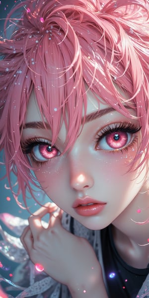 ,(masterpiece), best quality, expressive eyes, perfect face,close up,1boy,pink hair, blushing,short hair,wolf cut,hair between eyes,pink eyes,(cat ears),