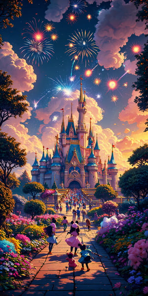 ((anime style)),A whimsical Disneyland scene unfolds before us, depicted in dreamy, surreal illustrations with smooth brushstrokes. Fantasy and imagination come alive as iconic Disney characters like Mickey Mouse and Minnie Mouse frolic amidst candy-colored castles and twisting vines. The air is filled with sparkling fireworks, their trails dissolving into wispy clouds of cotton candy. A warm, golden light bathes the scene, evoking a sense of wonder and enchantment.