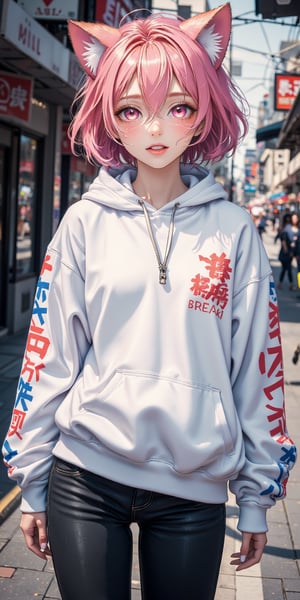 ,(masterpiece), best quality, expressive eyes, perfect face,1boy,pink hair,blushing, smiling,short hair,wolf cut,hair between eyes,pink eyes,(cat ears), wearing an white oversized hoodie, black jeans, BREAK,in the street,in front of a shopping mall, standing,smile