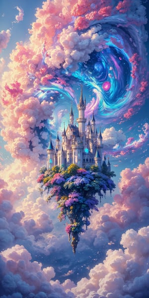 Illustration, painting, Fantasy, dreamy view,In a whimsical anime-inspired masterpiece, a majestic fantasy castle suspended mid-air amidst a sea of plush clouds, radiates an aura of enchantment. The fortress's turrets and towers are adorned with vibrant, swirling patterns that evoke a sense of mystical energy. Soft, puffy clouds in hues of pink, blue, and white swirl around the castle, creating a dreamlike atmosphere. The illustration is painted with smooth brushstrokes and vivid colors, bringing this fantastical scene to life.