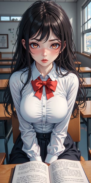 score_9, score_8_up, score_7_up, source_anime,1girl, speedlines,expressive,(ringed brown eyes),long black hair,wavy hair,(hourglass figure),smooth skin,(blushing hard),shy,(Classroom),college girl,buttoned shirt,bow tie,skirt, (shy),(sitting on the chair), (desk infront of her),(book on the desk),(eyes on the book), blushing,front view, sitting straight,timid face,full view