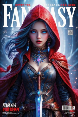 Masterpiece, highly detailed, best quality, 1girl, realistic style, flowing hair, blue hair, ahoge, hair accessories, majestic, holding sword, elegant, very aesthetic, blue glowing eyes, beautiful detailed eyes, navel, wear red hooded cape, long sleeves, serious face, looking at viewer, standing, dynamic pose, vivid colours, magazine cover with colourful background, magazine cover, Title with text read as "FANTASY",Text, Crystal Sword,Midjourney_Whisper