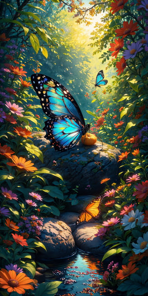  1score_9, score_8_up, score_7_up, source_anime,(anime art,niji style,Anime style,Manga style, masterpiece, surreal view, ethereal scene),A  butterfly and a moth perch   on a sun-drenched garden stone, surrounded by lush greenery and vibrant wildflowers. The butterfly's wings reflect the warm light, shimmering with iridescent blues and greens, while the moth's feathery antennae and soft, furry body blend seamlessly into the foliage.