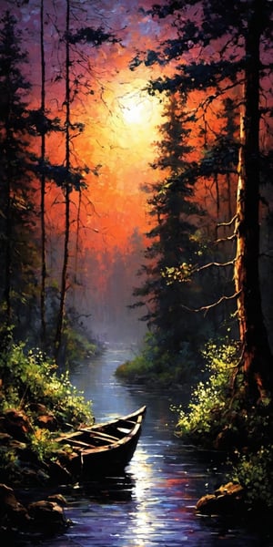 Oil paint,No humans,river,boat, forest, night time