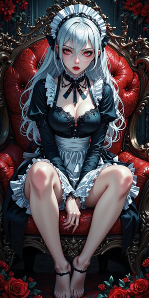 score_8_up, score_7_up, socre_6_up, score_5_up,source_anime,detailed eyes,expressive eyes,dynamic angle,full body portrait,1female, vampire,shaltear bloodfallen inspired,gothic,(smoky dark red eyes),(black eyeliner),,perfect eyes,sharp gaze,(red lips),perfect shaped,long hair,,((silver hair)),(wavy hair), facial expression,((angry look)),maid outfit,(sitting),(seiza pose),background,royal mansion